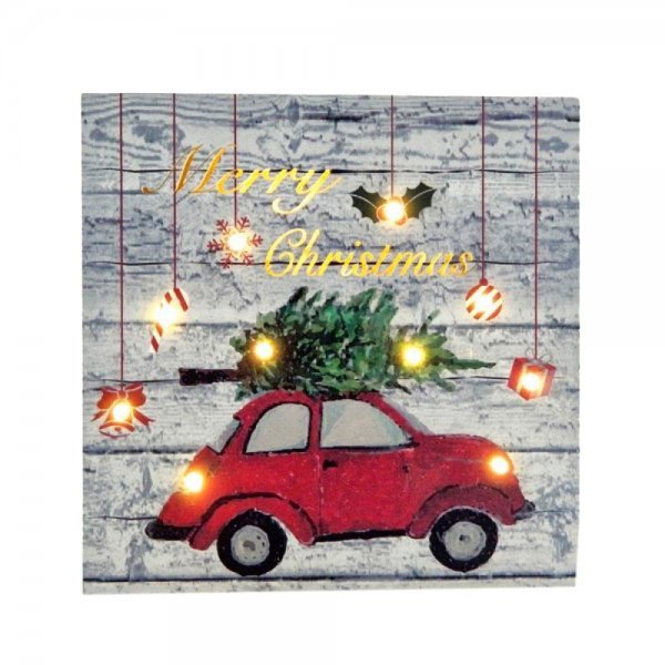 Χριστουγεννιάτικο Διακοσμητικό Ξύλινο Κάδρο, με Αυτοκίνητο και 15 LED (25x25cm)